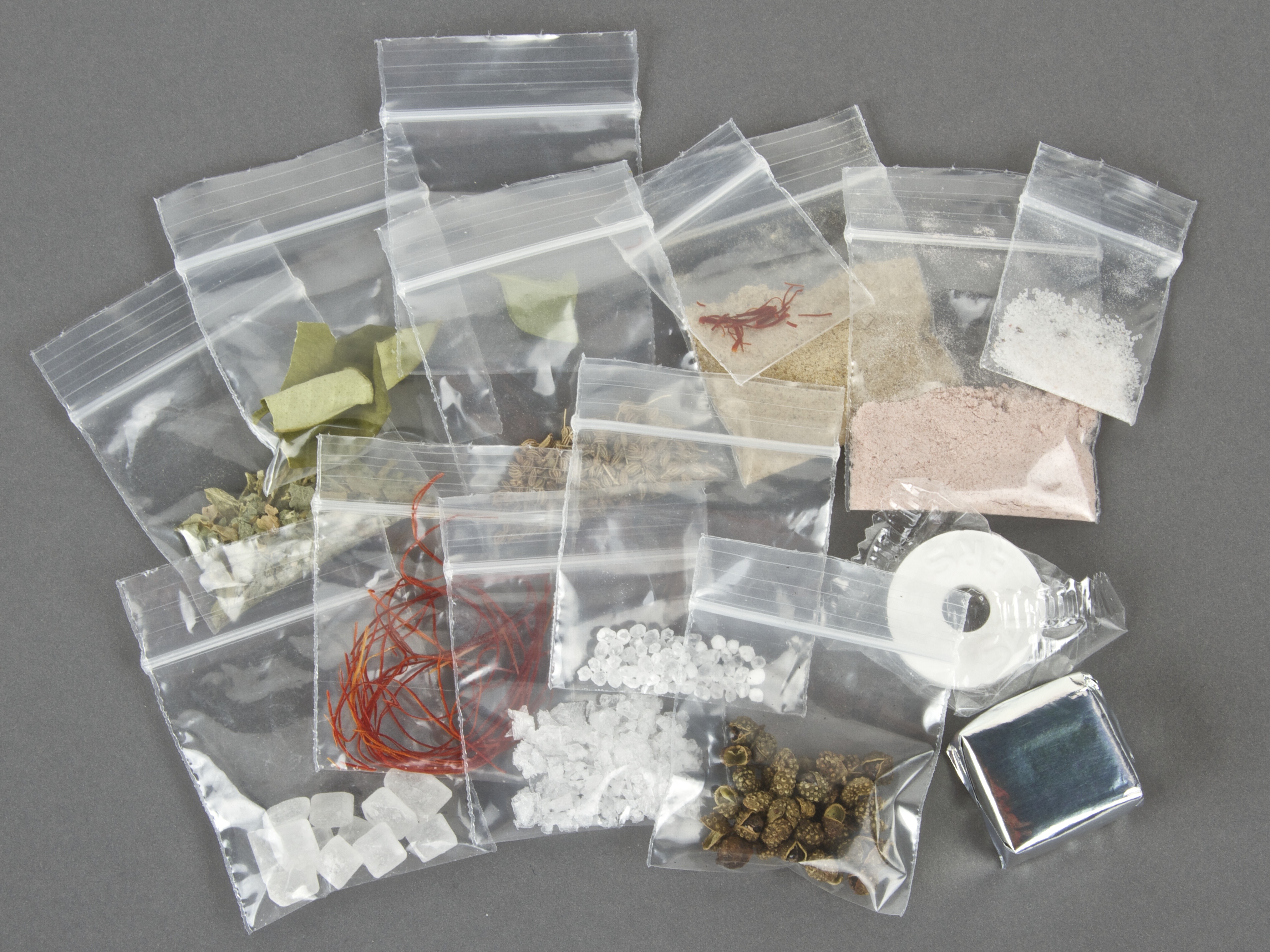 powders, seeds, leaves, threads and candies