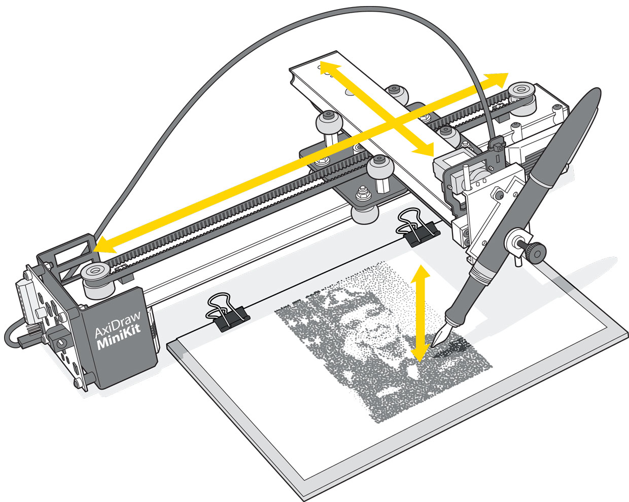 Drawing of AxiDraw Minikit overlaid with arrows showing direction of travel
