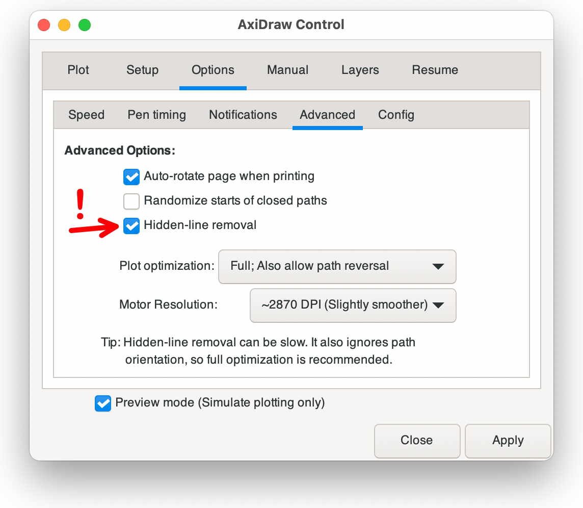 AxiDraw Control v3.9 screenshot, showing hidden-line removal feature