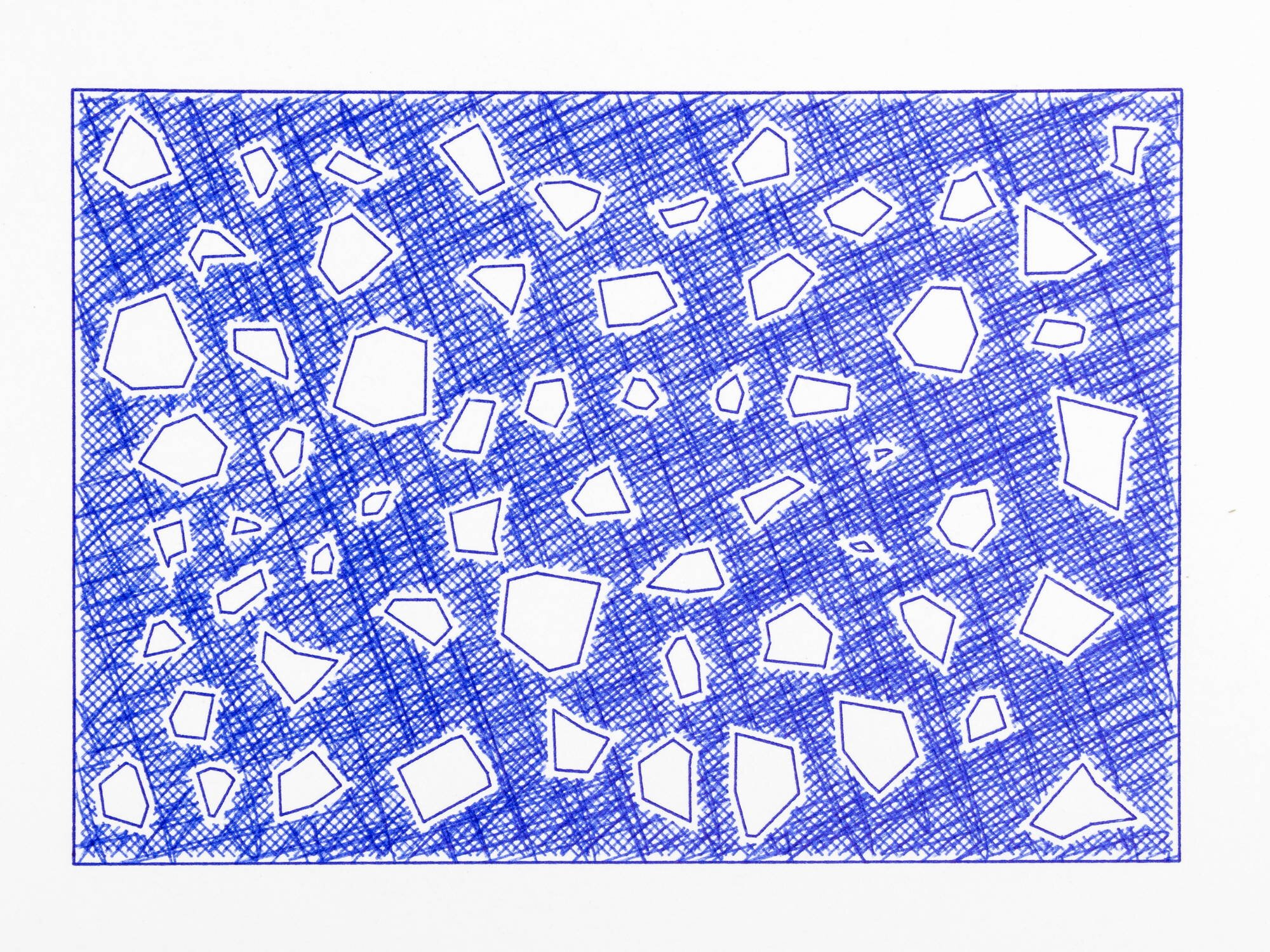 Background of scribbles with assorted shapes hiding parts of the scribbles, in blue ink